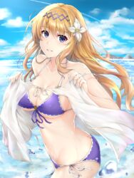  absurdres ass babydoll bare_arms bare_shoulders beach bikini blonde_hair blue_sky breasts cleavage cloud cloudy_sky collarbone day female fingernails flower front-tie_bikini_top front-tie_top granblue_fantasy hair_flower hair_ornament hairband hands_up highres holding jeanne_d&#039;arc_(granblue_fantasy) jeanne_d&#039;arc_(summer)_(granblue_fantasy) large_breasts lily_(flower) looking_at_viewer navel ocean official_alternate_costume outdoors paid_reward parted_lips patreon_reward purple_bikini rei_kun shiny_skin side-tie_bikini_bottom sky smile sparkle stomach strap_gap swimsuit water water_drop 