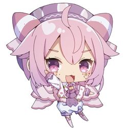  :3 :d ahoge ascot big_head blush capelet chibi commentary_request crescent facial_mark female full_body hair_between_eyes hand_up hat highres long_sleeves looking_at_viewer nijisanji no_shoes open_mouth outstretched_arm pink_capelet pink_hair pink_thighhighs purple_ascot purple_eyes purple_hat sapphire_(sapphire25252) short_jumpsuit simple_background smile solo star_(symbol) thighhighs ushimi_ichigo ushimi_ichigo_(1st_costume) virtual_youtuber white_background 