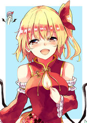  2girls :d alternate_breast_size alternate_costume blonde_hair blue_background blush breast_envy breasts china_dress chinese_clothes cleavage cleavage_cutout clothing_cutout commentary_request deetamu detached_sleeves dress fine_art_parody flandre_scarlet frilled_sleeves frills hair_ribbon half-closed_eyes hat highres large_breasts light_purple_hair multiple_girls oerba_yun_fang one_side_up open_mouth outside_border parody red_dress red_eyes red_ribbon remilia_scarlet ribbon smile solo_focus the_scream touhou upper_body white_background wings 