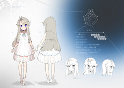  absurdres closed_mouth commentary_request dress female grey_hair herme_(ohisashiburi) highres long_hair looking_at_viewer multiple_views ohisashiburi original reference_sheet see-through sleeveless sleeveless_dress smile standing translation_request white_dress wristband 