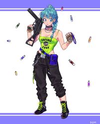  alternate_costume belt black_choker black_footwear black_pants blue_eyes blue_hair blue_nails boots braid breasts brown_gloves bulma_briefs capsule_corp carrying_over_shoulder chain_necklace chains character_name choker cleavage clothes_writing commentary dizim dragon_ball dragon_ball_(classic) dragon_radar ear_piercing earrings english_commentary english_text expressionless eyelashes fanny_pack female finger_on_trigger fingernails full_body gloves green_tank_top gun h&amp;k_ump handgun highres hoi-poi_capsule holding holding_gun holding_weapon jewelry letterboxed looking_away medium_breasts necklace outside_border pants piercing shiny_skin simple_background solo standing submachine_gun tank_top weapon white_background wide-eyed 