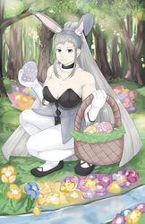  animal_ears bare_shoulders basket blue_eyes blue_flower blush breasts cleavage closed_mouth commentary_request cosplay easter easter_bunny easter_bunny_(cosplay) easter_egg egg eir_(fire_emblem) fake_animal_ears female fire_emblem fire_emblem_heroes flower food forest frilled_shirt_collar frills grey_hair grey_hairband hairband highres holding holding_egg holding_food large_breasts long_hair looking_at_viewer md5_mismatch nature outdoors pale_skin pantyhose playboy_bunny ponytail purple_flower rabbit_ears signature smile solo squatting traveler_san tree very_long_hair yellow_flower 