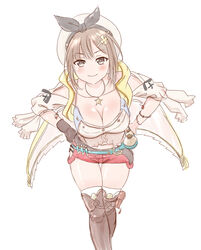  atelier_(series) atelier_ryza atelier_ryza_1 blush boots breasts brown_eyes brown_footwear brown_gloves brown_hair cleavage commentary downblouse english_commentary female gloves hands_on_own_hips highres large_breasts long_hair midriff navel photoshop_(medium) reisalin_stout smile solo thigh_boots thigh_gap thighhighs thighhighs_under_boots thighs viperxtr white_background 