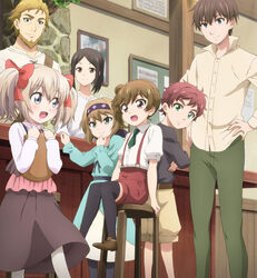  3boys 4girls :d brown_hair chloe_schneider dale_lecky facial_hair hands_on_own_hips highres kenith_krueger key_visual latina_(uchi_no_musume_no_tame_naraba) light_brown_hair lolicon multiple_boys multiple_girls official_art open_mouth pants promotional_art rita_krueger rudolf_schmidt shirt shorts sitting smile standing stool suspender_shorts suspenders sylvia_fal thick_eyebrows uchi_no_musume_no_tame_naraba_ore_wa_moshikashitara_maou_mo_taoseru_kamo_shirenai. 