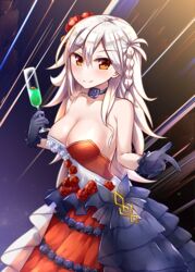  bare_shoulders black_gloves blush braid breasts brown_eyes champagne_flute choker cleavage collarbone commentary_request cup dress drinking_glass fate/grand_order fate_(series) female flower gloves hair_between_eyes hair_flower hair_ornament holding holding_cup large_breasts long_hair looking_at_viewer multicolored_clothes multicolored_dress ohitashi_netsurou olga_marie_animusphere olga_marie_animusphere_(afternoon_party) purple_choker rose side_braid smile solo white_hair 