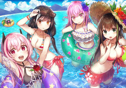  anthro ball bicolored_eyes bikini blush breasts brown_hair cleavage clouds flowers girls_frontline green_eyes group hat long_hair m4_sopmod_ii_(girls_frontline) m4a1_(girls_frontline) navel oerba_yun_fang pink_eyes pink_hair ran9u ro635_(girls_frontline) skirt sky st_ar-15_(girls_frontline) sunglasses swim_ring swimsuit twintails water 