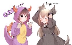  &gt;_&lt; 2girls :3 :d animal_costume artist_name black_dress black_hair blush brown_hair chadolbaegi claw_pose closed_eyes commentary dog_days dragon_costume dress english_commentary gao hands_up highres hood hood_up horns long_hair long_sleeves multiple_girls noir_vinocacao open_mouth original red_eyes simple_background smile triangle_mouth white_background x3 xd 