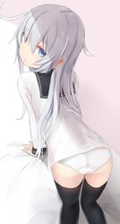  all_fours black_thighhighs blue_eyes female grey_hair hair_between_eyes hibiki_(kancolle) highres kantai_collection long_hair long_sleeves looking_at_viewer looking_back panties shirt solo thighhighs underwear white_panties white_shirt yuki_(yukin0128) 