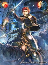  1boy armor cape commentary_request eyeball fire_emblem fire_emblem:_the_sacred_stones fire_emblem_cipher gloves horse horseback_riding male_focus monster official_art polearm red_eyes red_hair riding seth_(fire_emblem) solo sparkle spear sword takaya_tomohide teeth tentacle weapon 