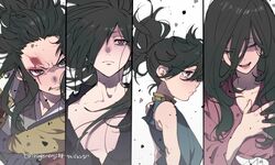  2boys 2girls androgynous black_eyes black_hair blood brothers brown_eyes closed_eyes commentary_request dororo_(character) dororo_(tezuka) hair_over_one_eye heterochromia hyakkimaru_(dororo) japanese_clothes long_hair mio_(dororo) multiple_boys multiple_girls ponytail ringorenji siblings tahoumaru twitter_username 