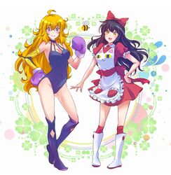  2girls :&gt; :d ahoge alternate_costume animal_print apron athletic_leotard back_bow bare_shoulders bee bee_(bee_and_puppycat) bee_and_puppycat black_hair blake_belladonna blonde_hair blush boots bow boxing_gloves breasts bug bumblebee_(insect) cat_print cleavage closed_mouth clover collarbone commentary_request covered_navel dress four-leaf_clover frilled_sleeves frills full_body hairbow halterneck hand_on_own_hip highres iesupa knee_boots large_breasts leotard long_hair medium_breasts multiple_girls oerba_yun_fang open_mouth over-kneehighs print_apron prosthesis prosthetic_arm puffy_short_sleeves puffy_sleeves purple_eyes purple_footwear purple_leotard red_bow red_dress red_legwear rwby short_sleeves smile standing thighhighs toast_(bee_and_puppycat) wavy_hair white_apron white_footwear yang_xiao_long yellow_eyes 