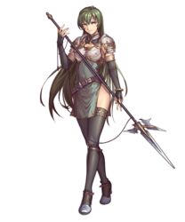  amiba_(nerdamiba) armor armpit_peek black_gloves breastplate breasts cleavage commentary_request covered_navel dress elbow_gloves erinys_(fire_emblem) female fingerless_gloves fire_emblem fire_emblem:_genealogy_of_the_holy_war full_body gloves green_eyes green_hair halberd high_heels highres long_hair looking_at_viewer medium_breasts polearm short_dress shoulder_armor side_slit silver_footwear solo spear standing straight_hair thighhighs thighs transparent_background weapon 