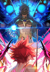  2boys abs absurdres arjuna_(fate) arjuna_alter_(fate) armor bad_id bad_pixiv_id bishounen black_eyes commentary_request dark-skinned_male dark_skin fate/grand_order fate_(series) fighting_stance hair_between_eyes highres horns jewelry karna_(fate) long_hair male_focus multiple_boys navel pale_skin pants photoshop_(medium) red_hair shoulder_pads super_karna_(fate) topless_male tsugutoku weapon white_hair white_pants 