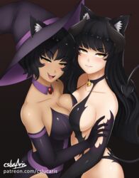  2girls animal_ears artist_name asymmetrical_docking black_dress black_gloves black_hair blake_belladonna breast_press breasts cat_ears cat_tail cleavage collarbone commentary cslucaris dark-skinned_female dark_skin demon_tail detached_collar dress elbow_gloves english_commentary from_side gloves hat horns kali_belladonna long_hair looking_at_viewer mature_female medium_breasts mother_and_daughter multiple_girls patreon_username purple_headwear revealing_clothes rwby short_hair side_slit sideboob signature sleeveless sleeveless_dress standing strapless strapless_dress tail very_long_hair watermark web_address witch_hat yellow_eyes 