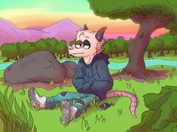  2019 american_opossum anthro biped bottomwear brown_body brown_fur cellphone clothing creek denim denim_bottomwear denim_clothing detailed_background electronics evening footwear fur grass grey_body grey_fur half-closed_eyes hand_in_pocket hands_in_both_pockets headphones hi_res hoodie jeans male mammal marsupial mountain narrowed_eyes outside pants phone pink_nose pink_tail plant pockets relaxing rhysio rock shoes shrub sitting sneakers solo sunset tail tan_body tan_fur topwear tree tricolor tuft virginia_opossum zankytime 