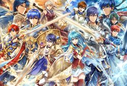  2girls 6+boys alfonse_(fire_emblem) alm_(fire_emblem) aqua_hair armor armpits bangle bare_shoulders belt binding_blade_(weapon) bird black_gloves blonde_hair blue_eyes blue_hair blue_scarf bracelet breastplate brown_eyes brown_hair cape chrom_(fire_emblem) commentary_request copyright_name corrin_(fire_emblem) corrin_(male)_(fire_emblem) dress durandal_(fire_emblem) eirika_(fire_emblem) elbow_gloves eliwood_(fire_emblem) falchion_(fire_emblem) fingerless_gloves fire_emblem fire_emblem:_genealogy_of_the_holy_war fire_emblem:_mystery_of_the_emblem fire_emblem:_path_of_radiance fire_emblem:_radiant_dawn fire_emblem:_the_binding_blade fire_emblem:_the_sacred_stones fire_emblem:_thracia_776 fire_emblem_awakening fire_emblem_cipher fire_emblem_echoes:_shadows_of_valentia fire_emblem_fates fire_emblem_heroes folkvangr gloves gradient_hair green_eyes green_hair grey_hair hair_ribbon half_updo headband ike_(fire_emblem) jewelry leif_(fire_emblem) light_brand long_hair marth_(fire_emblem) micaiah_(fire_emblem) multicolored_hair multiple_boys multiple_girls official_art open_mouth red_eyes red_hair ribbon roy_(fire_emblem) scale_armor scarf shield sieglinde_(sword) sigurd_(fire_emblem) skirt sleeveless sleeveless_dress smile sword tiara weapon white_skirt yamada_koutarou yellow_eyes yune_(fire_emblem) 