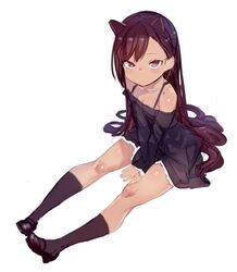  animal_ears bare_shoulders black_dress black_hair black_socks cat_ears commentary_request dark-skinned_female dark_skin dress female highres kneehighs loafers long_hair morikawa_(futomayu) original purple_eyes shoes sitting sleeves_past_wrists socks solo 