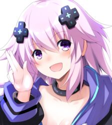  :d adult_neptune black_choker blush breasts choker cleavage collarbone commentary_request d-pad d-pad_hair_ornament doria_(p_f_dolia) female hair_between_eyes hair_ornament hand_gesture hood hooded_jacket jacket long_hair looking_at_viewer neptune_(series) open_mouth purple_eyes purple_hair shin_jigen_game_neptune_vii simple_background smile solo upper_body white_background 