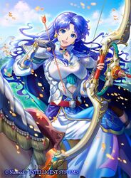  animal armor arrow_(projectile) belt blue_eyes blue_hair bow_(weapon) breastplate choker cloud cloudy_sky commentary_request company_name copyright_name day dress earrings female fingerless_gloves fire_emblem fire_emblem_cipher gloves holding holding_bow_(weapon) holding_weapon horseback_riding jewelry kazura_enji long_hair long_sleeves looking_at_viewer official_art open_mouth outdoors petals puffy_sleeves riding selphina_(fire_emblem) sidesaddle sky smile solo weapon 