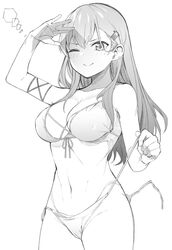  ;) bikini breasts byte_(allbyte) cleavage commentary_request female greyscale highres kantai_collection large_breasts long_hair monochrome one_eye_closed side-tie_bikini_bottom smile solo suzuya_(kancolle) swimsuit untied_bikini 