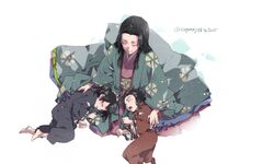  2boys alternate_universe brothers closed_eyes commentary_request dororo_(tezuka) female hyakkimaru_(dororo) japanese_clothes kimono lap_pillow layered_clothes layered_kimono long_hair mother_and_son multiple_boys nui_no_kata open_mouth ringorenji siblings sleeping tahoumaru twitter_username 