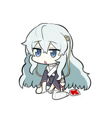  bandaged_leg bandages blood blood_bag blue_eyes blue_hair chibi commentary_request female girls&#039;_frontline hair_between_eyes long_hair nemoga ribeyrolles_(girls&#039;_frontline) simple_background sitting solo wariza white_background 