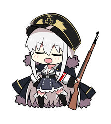  belt blue_hair blush bolt_action boots breasts buttons chibi cleavage closed_eyes commentary_request double-breasted female fur_trim girls&#039;_frontline gun hair_between_eyes hand_on_own_hip hat jacket jacket_on_shoulders kar98k_(girls&#039;_frontline) long_hair mauser_98 military_hat nemoga open_mouth rifle simple_background smile solo thigh_boots thighhighs weapon white_background 