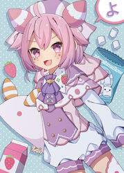  :d absurdres ahoge blue_background blush capelet carrying carrying_under_arm commentary_request crescent facial_mark female food hair_between_eyes hat highres long_sleeves looking_at_viewer marshmallow milk_carton nijisanji open_mouth pink_capelet pink_hair polka_dot polka_dot_background purple_eyes purple_hat sapphire_(sapphire25252) sea_slug short_jumpsuit smile solo star_(symbol) strawberry_milk translated ushimi_ichigo ushimi_ichigo_(1st_costume) v-shaped_eyebrows virtual_youtuber wide_sleeves 