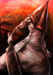  1boy apron bird commentary_request gloves great_knife hat helmet highres male_focus monster muscular muscular_male photoshop_(medium) pyramid_head silent_hill_(series) silent_hill_2 solo sword uro_(uroboros) weapon 