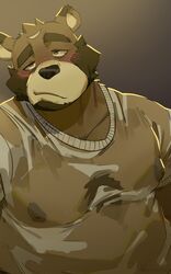  2019 5:8 absurd_res anthro bear beard belly blush body_hair brown_body brown_fur brown_hair brown_nipples chest_hair clothing eyebrows facial_hair fur hair half-closed_eyes hi_res male mammal moobs narrowed_eyes nipples nyuudles overweight overweight_anthro overweight_male shirt sideburns smile solo topwear wet wet_clothing wet_shirt wet_topwear 