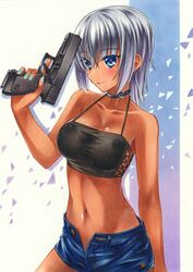  blue_eyes blue_nails blue_shorts blush breasts cleavage collar collarbone commentary_request dark-skinned_female dark_skin female grey_hair gun hair_between_eyes halterneck holding holding_gun holding_weapon medium_breasts midriff nail_polish navel open_clothes open_shorts original parted_lips pastel_(medium) short_hair short_shorts shorts smile solo standing stomach traditional_media weapon yuto_takumi 