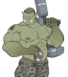  biceps big_biceps big_muscles blizzard_entertainment body_hair bottomwear bulge camo camo_bottomwear camo_clothing camo_pants camo_print clothed clothing green_body hi_res holding_object holding_weapon humanoid maldu male muscular muscular_humanoid muscular_male nipples not_furry orc pants pattern_bottomwear pattern_clothing pattern_pants pecs simple_background solo tattoo topless tusks warcraft weapon weapon_on_shoulder white_background 