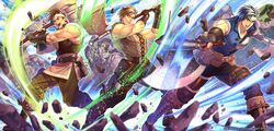  3boys axe bag barst_(fire_emblem) battle belt blue_hair boots bord_(fire_emblem) brown_hair commentary_request cord_(fire_emblem) faceless faceless_male fingerless_gloves fire_emblem fire_emblem:_mystery_of_the_emblem fire_emblem_cipher gloves headband highres male_focus manly multiple_boys official_art open_mouth rock teeth yoneko_okome 