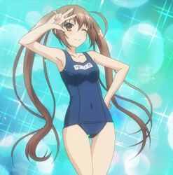  2017 armpits brown_hair covered_navel female female game_cg long_hair name_tag nijino_yurika one-piece_swimsuit rokujouma_no_shinryakusha!? sakura_swim_club school_swimsuit screencap solo swimsuit tagme twintails very_long_hair 