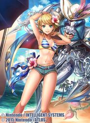  alternate_costume beach blonde_hair blue_hair bracelet breasts cape cleavage coconut_tree commentary_request feathers female fire_emblem fire_emblem_cipher flower fumi_(butakotai) green_eyes hair_flower hair_ornament hat jewelry leaf mask midriff navel official_art palm_tree sky solo teeth tokyo_mirage_sessions_fe tree umbrella virion_(fire_emblem) water yumizuru_eleanora 