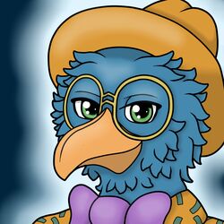  1:1 anthro avian beak blue_body blue_feathers bow_(feature) bow_tie clothing deity egyptian_mythology eyewear feathers geek glasses green_eyes hat headgear headwear male middle_eastern_mythology mythology smite solo thoth_(smite) wildwolfproduction 