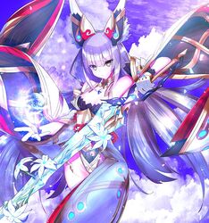  animal_ear_fluff animal_ears breasts catalyst_scimitar cloud detached_sleeves flower highleg highleg_leotard highres holding holding_sword holding_weapon leotard long_hair magic nakazou2000 niyah purple_theme small_breasts sword very_long_hair weapon xenoblade_(series) xenoblade_2 yellow_eyes 