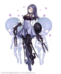  absurdres armored_boots bare_shoulders boots claws detached_sleeves doll doll_joints drag-on_dragoon drag-on_dragoon_3 dress facial_mark female forehead_mark full_body hair_between_eyes hair_ornament hairclip head_tilt highres ji_no joints looking_at_viewer official_art petals purple_eyes purple_hair scissors shield sinoalice solo square_enix sword thigh_boots thighhighs three_(drag-on_dragoon) weapon white_background 