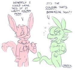  2019 4_fingers anthro blush bottomless brown_eyes chest_tuft clothed clothing dragon drawyourfursona duo eeveelution elemental_creature embarrassed english_text femboy fingers flora_fauna generation_4_pokemon greenlinzerd hair hair_over_eye hoodie hybrid leafeon linzer lizard male male_focus mammal meme meme_clothing moss_(greenlinzerd) mostly_nude mythological_creature mythological_scalie mythology navel nintendo one_eye_obstructed plant pokemon pokemon_(species) reptile scalie signature simple_background skinny solo_focus tail text topwear tuft twitter_hoodie 