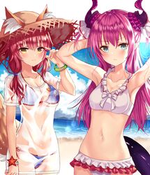  2girls absurdres animal_ear_fluff animal_ears asymmetrical_horns bad_id bad_pixiv_id bare_shoulders bikini bikini_under_clothes blue_bikini blue_eyes blush breasts cleavage collarbone curled_horns dragon_girl dragon_horns dragon_tail ears_through_headwear elizabeth_bathory_(beach_bloody_demoness)_(fate) elizabeth_bathory_(fate) elizabeth_bathory_(fate/extra_ccc) fate/extra fate/extra_ccc fate/grand_order fate_(series) fox_ears fox_girl fox_tail groin hand_in_own_hair hat highres horns large_breasts looking_at_viewer multiple_girls navel ocean official_alternate_costume outdoors pink_hair pointy_ears shaffelli shirt side-tie_bikini_bottom small_breasts smile straw_hat swimsuit t-shirt tail tamamo_(fate) tamamo_no_mae_(swimsuit_lancer)_(fate) tamamo_no_mae_(swimsuit_lancer)_(second_ascension)_(fate) uneven_horns wet wet_clothes wet_shirt yellow_eyes 