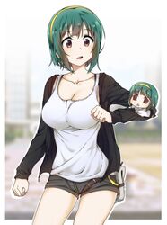  bad_id bad_pixiv_id black_jacket blurry blurry_background breasts brown_eyes character_doll cleavage collarbone cowboy_shot female green_hair grey_shorts hairband highres idolmaster idolmaster_(classic) jacket long_sleeves medium_breasts mole mole_under_mouth open_clothes open_jacket open_mouth otonashi_kotori piyopiyo puchimasu! shirt short_hair short_shorts shorts sidarim sleeveless sleeveless_shirt solo standing white_background white_shirt yellow_hairband 