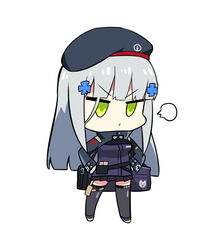  bag black_thighhighs blue_hair blunt_bangs breasts chibi commentary_request female frown girls&#039;_frontline green_eyes hair_ornament hands_on_own_hips hk416_(girls&#039;_frontline) jacket long_hair nemoga pleated_skirt simple_background skirt solo thighhighs white_background 