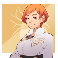  collared_shirt female fire_emblem fire_emblem:_fuukasetsugetsu heraldry highres leonie_pinelli looking_at_viewer orange_eyes orange_hair shirt short_hair simple_background smile 