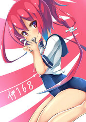  blue_one-piece_swimsuit blue_sailor_collar cellphone character_name commentary_request dutch_angle female hair_ribbon highres i-168_(kancolle) kantai_collection long_hair looking_at_viewer neckerchief one-piece_swimsuit phone pink_neckerchief ponytail red_hair ribbon sailor_collar sailor_shirt school_swimsuit school_uniform serafuku shirt sitting smartphone smile solo swimsuit swimsuit_under_clothes two-tone_background unomi wariza 