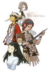  bad_id bad_pixiv_id bandages black_hair breasts brown_hair commentary_request dress highres horns ico ico_(character) long_hair mono_(shadow_of_the_colossus) multiple_boys multiple_girls poncho shadow_of_the_colossus short_hair silver_hair surcoat sword tabard wander_(shadow_of_the_colossus) weapon yorda yukihiko 