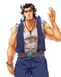  1boy abs bara bead_bracelet beads belt belt_buckle black_hair blue_pants blue_vest bracelet broken_horn brown_eyes buckle collarbone commentary_request demon_boy demon_horns facial_hair fiery_horns hand_up horns isomine jewelry long_sideburns looking_at_viewer male_focus muscular muscular_male necklace oerba_yun_fang pants pectoral_cleavage pectorals sideburns simple_background solo stubble takemaru_(housamo) tokyo_afterschool_summoners twitter_username unfinished vest white_background 