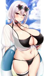  absurdres azur_lane bare_shoulders bikini black_bikini blue_sky blush border breasts cameltoe choker cleavage collarbone commentary_request covered_nipples day eyewear_on_head female gigantic_breasts hair_between_eyes heart heart-shaped_eyewear highres holding holding_swim_ring innertube kusahagane looking_at_viewer low_twintails navel o-ring o-ring_top official_alternate_costume open_mouth parted_lips red_eyes scrunchie see-through short_hair short_twintails sirius_(azur_lane) sirius_(scorching-hot_seirios)_(azur_lane) sky solo standing stomach sunglasses swim_ring swimsuit thigh_strap thighs twintails white_border white_hair white_scrunchie wrist_scrunchie 