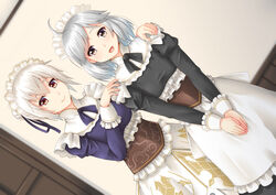  2girls ahoge alicia_(sennen_sensou_aigis) alternate_costume breasts commentary_request dress dutch_angle enmaided frills grey_hair hair_between_eyes hair_ribbon hands_on_shoulders highres indoors juliet_sleeves long_hair long_sleeves looking_at_viewer maid maid_headdress multiple_girls puffy_sleeves red_eyes ribbon sano_souichi sennen_sensou_aigis serra_(sennen_sensou_aigis) short_hair smile standing white_hair 