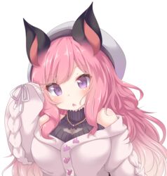  animal_ears animare bat_ears black_shirt blush breasts chestnut_mouth commentary_request daidai_ookami female grey_hat hair_ornament hand_up hat highres jacket jewelry large_breasts long_hair long_sleeves nanashi_inc. necklace oerba_yun_fang parted_lips pink_hair puffy_long_sleeves puffy_sleeves purple_eyes ribbed_shirt shirt sidelocks sleeveless sleeveless_shirt sleeves_past_wrists solo transparent_background umori_hinako upper_body virtual_youtuber white_jacket 