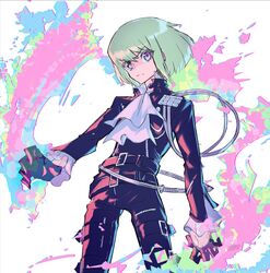  1boy ascot bad_id bad_twitter_id black_gloves black_jacket canata_katana fire frills gloves green_hair half_gloves highres jacket lio_fotia male_focus promare purple_eyes purple_fire pyrokinesis solo 